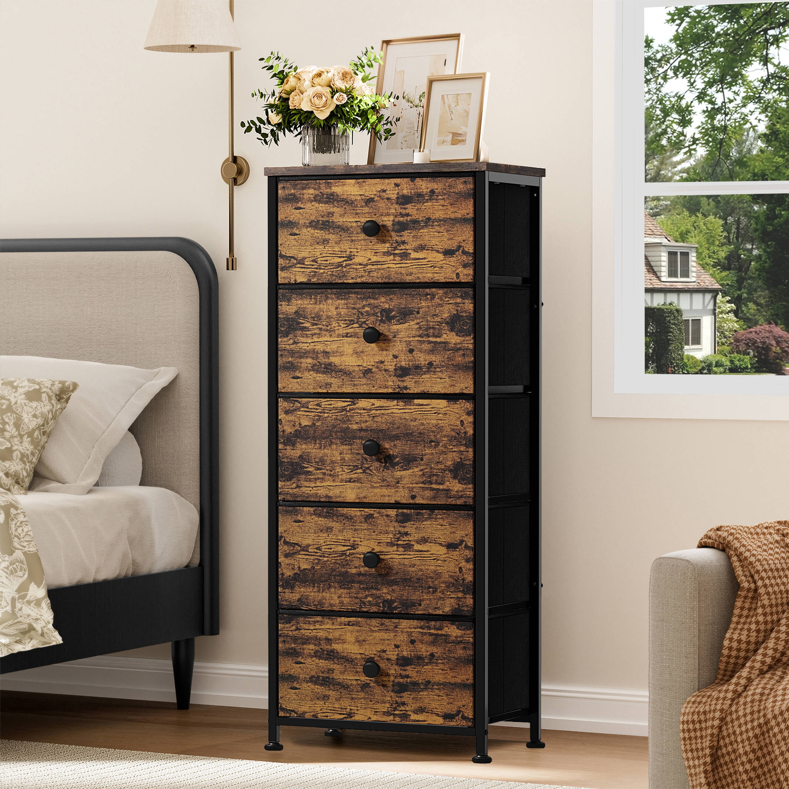 GUNAITO 5 Drawer Dresser for Bedroom Tall Narrow Chest of Drawers Fabric Storage Dresser for Adults,Rustic Brown