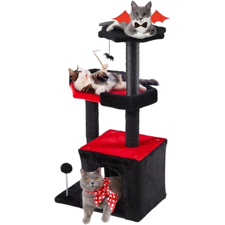 Gothic Cat Tree, Black Cat Tower for Indoor Cats, 33.5" Cat Condo with Scratching Post, Coffin Cat Bed, Small Goth Cat Tree with Spooky Ball for Kittens, Halloween