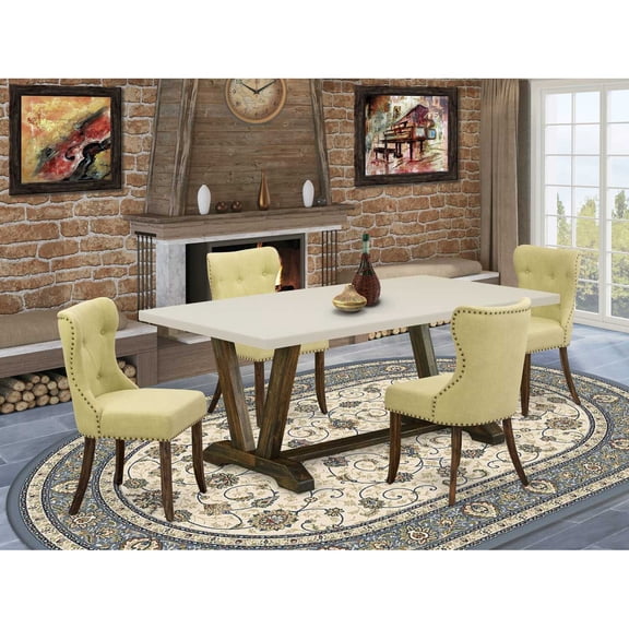 East West Furniture V727SI737-5 5-Pc Dinette Room Set- 4 Parson Dining Room Chairs with Limelight Linen Fabric Seat and Button Tufted Chair Back - Rectangular Table Top & Wooden Legs - Linen White...