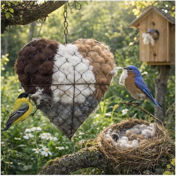 Handmade Alpaca Fiber Bird Nesting Heart, Refillable Birds Haven 1 Heart Shape Hummingbird Nesting and 3 Bags of Nest Materials, Winter Fowl Gifts Animal Hummingbirds Lovers Home Garden Yard