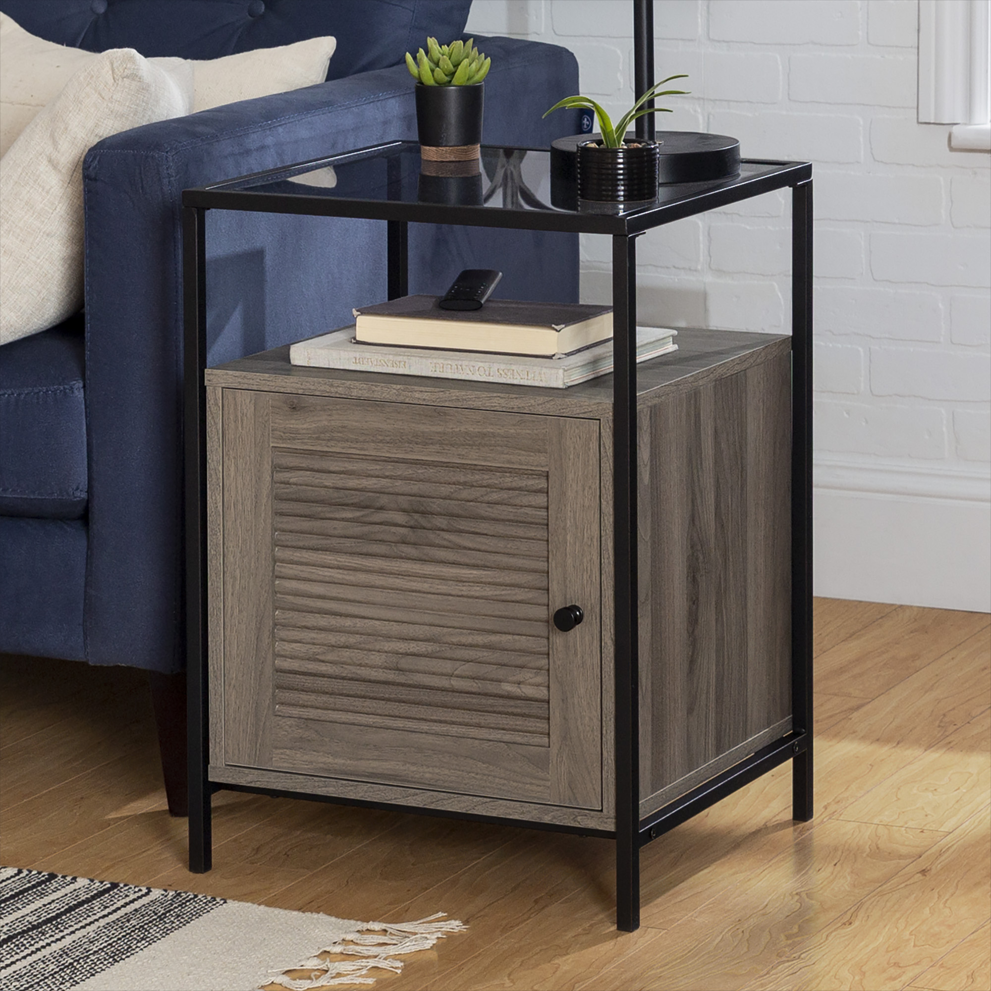 Burke Modern Glass Top Fluted Door Slate Grey End Table by Manor Park
