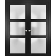 Solid French Double Doors 60 x 80 inches Frosted Glass | Lucia 2552 Matte Black | Wood Solid Panel Frame Trims | Closet Bedroom Sturdy Doors