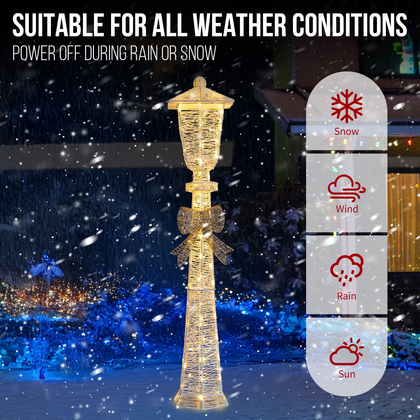 Lighted Lamp Post with Bowknot, 110 Warm White LED Christmas Decoration, White