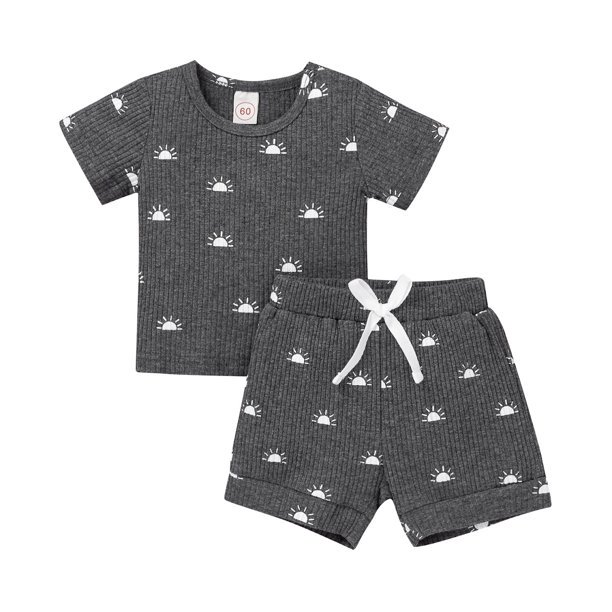 Aweyoo Summer Newborn Baby Boy Girl Clothes Set Ribbed Outfits Unisex