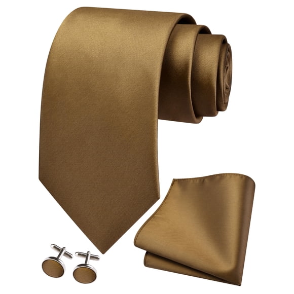GUSLESON Solid Color Formal Necktie and Pocket Square Cufflinks Sets for Men + Gift Box, Khaki, general