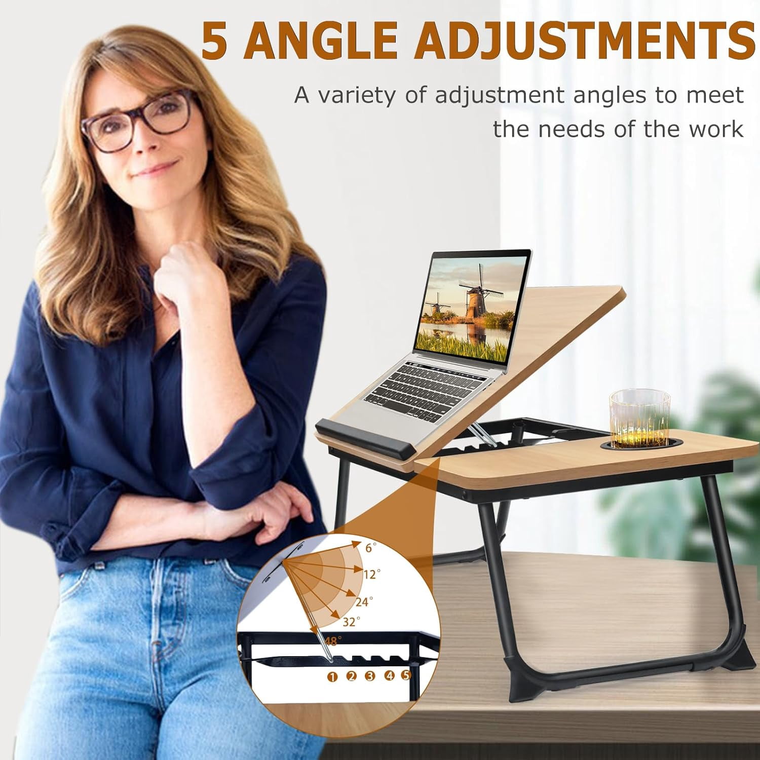 Laptop Desk for Bed, 5-Angle Adjustable Bed Desk with Foldable Legs &Cup Holder, Light Weight Bed Tray Table for Writing/Eating/Reading, Lap Desk for Couch/Sofa/Floor