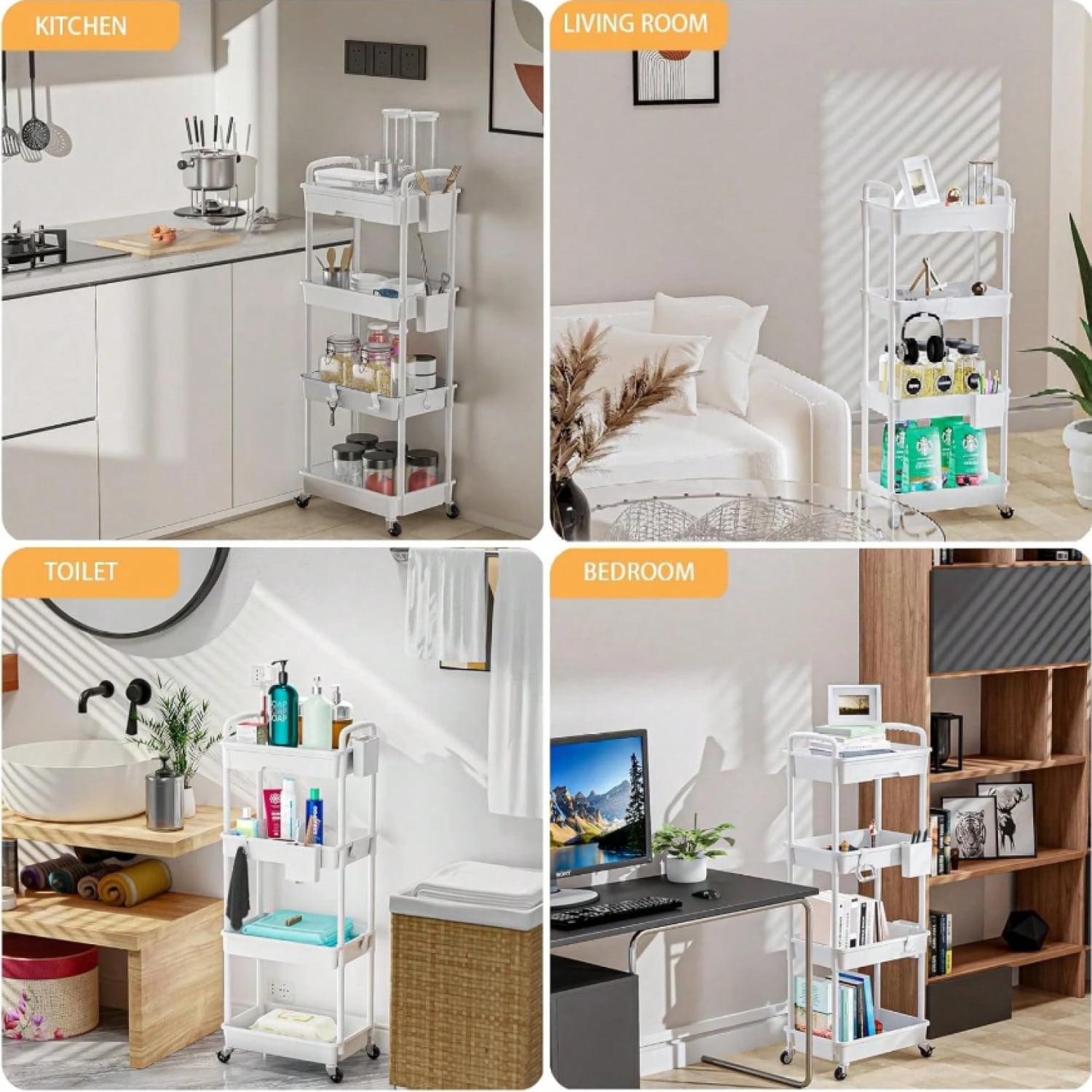 NTGFU 4 Tier White Rolling Utility Cart with Drawer, Utility Cart Made Of Multifunctional Storage Organizer Tool for Kitchen,Bathroom,Living Room,Office Outdoor Decor