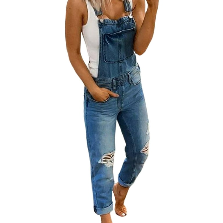 Frontwalk Distressed Straight Leg Denim Overalls for Women Front Pocket  Ripped Jumpsuit Camouflage Print Romper 