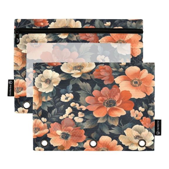 2 Pack Pencil Bag 9.84x6.1 Inch 3-Ring Page Turning Folder Zipper Pencil Case Pencil Bag Page Turning File Bag Pretty Orange Flowers Seamless