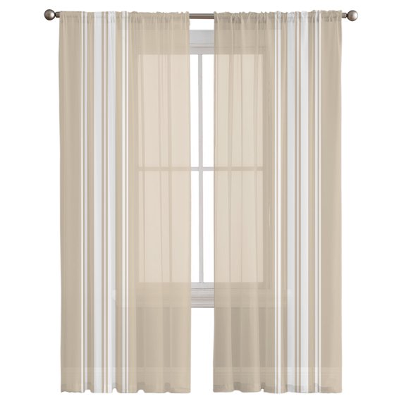 Beige Striped Semi Sheer Curtains 108 Inch Length 2 Panels Set,Farmhouse Luxurious White Stripes Modern Abstract Art Sheer Kitchen Curtain Privacy Window Curtain for Living Room Rod Pocket Drapes