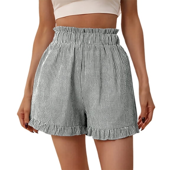 YANGXINX Women's Summer Shorts High Waist Striped Lace Trim Casual Beach Wide Leg Short Pants with Pockets Stylish Lightweight