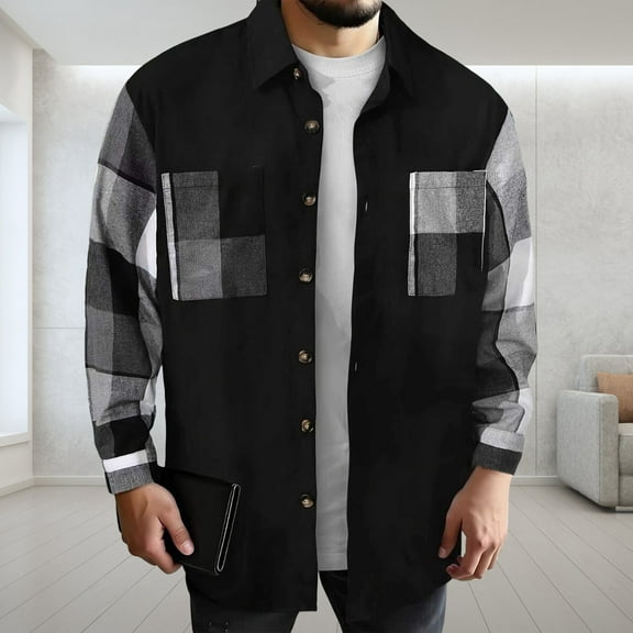 FDGIU Men's 2025 Flannel Shirt Jacket - Button Down Plaid Shacket, Fleece Lined with Pockets, Long Sleeve Lightweight Fall Outerwear & Layering Piece