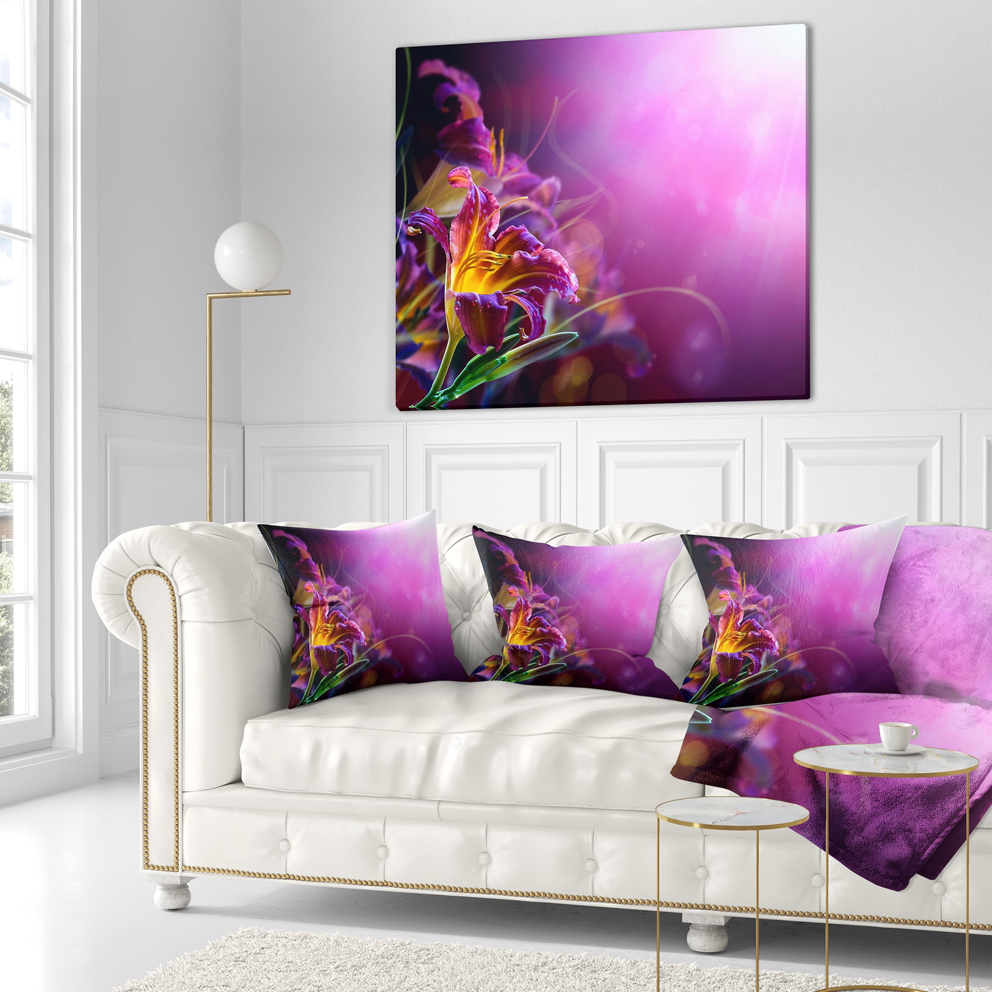 Designart Flowers on Purple Background - Floral Throw Pillow - 16x16