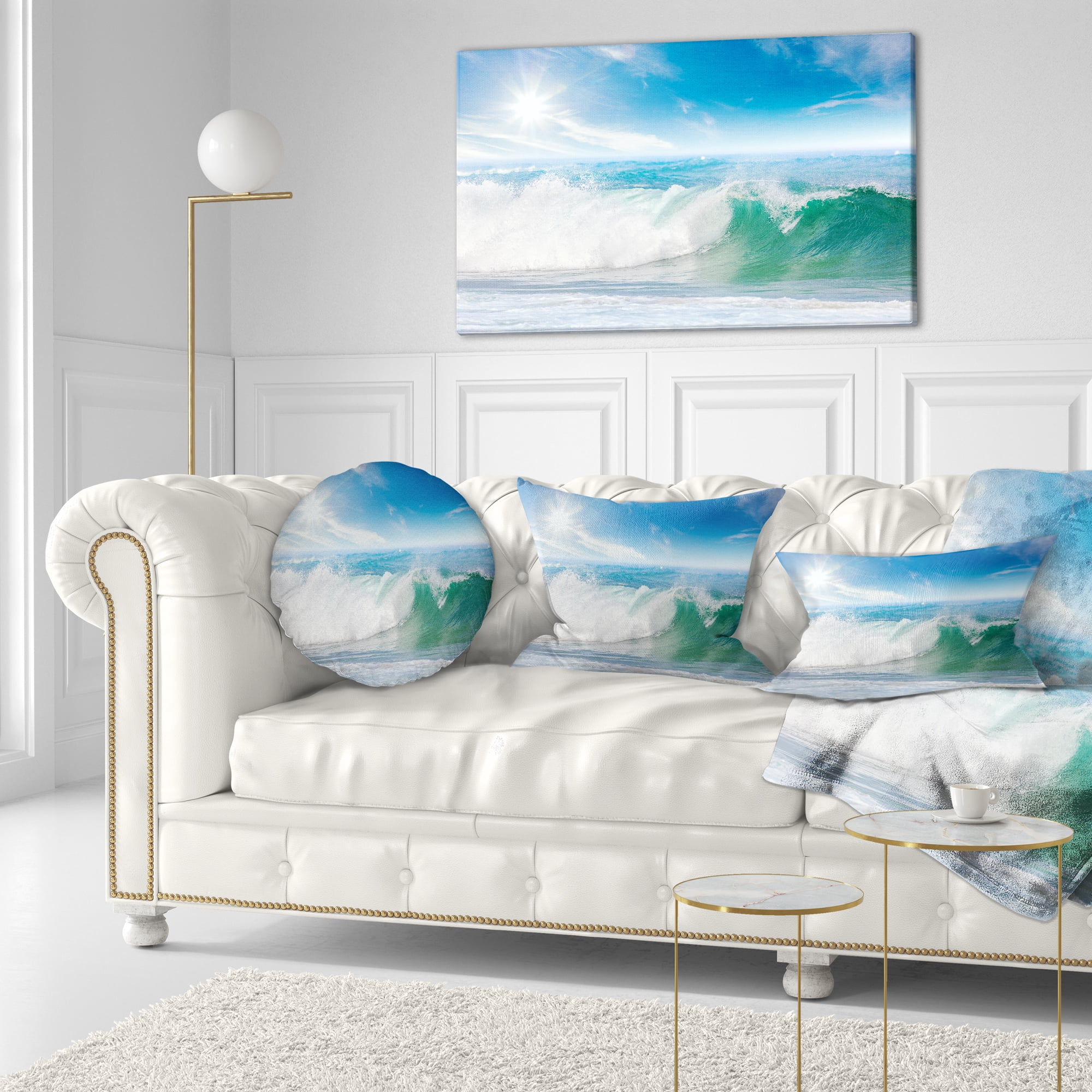 Designart White and Blue Waves under Sun - Seascape Throw Pillow - 12x20