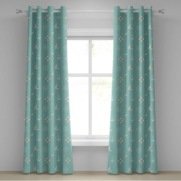 Ambesonne Anchor Grommet Curtain, Nautical Seagull Helm, 50" x 84", Seafoam Salmon and White