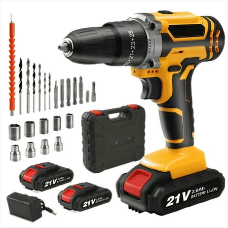 Cordless Drill, 21V Power Drill Set with 2Ah Battery, 3/8"Keyless Chuck, 25+1 Position Electric Drill, 2-Speed Transmission For Screwdriving And Drilling, Yellow
