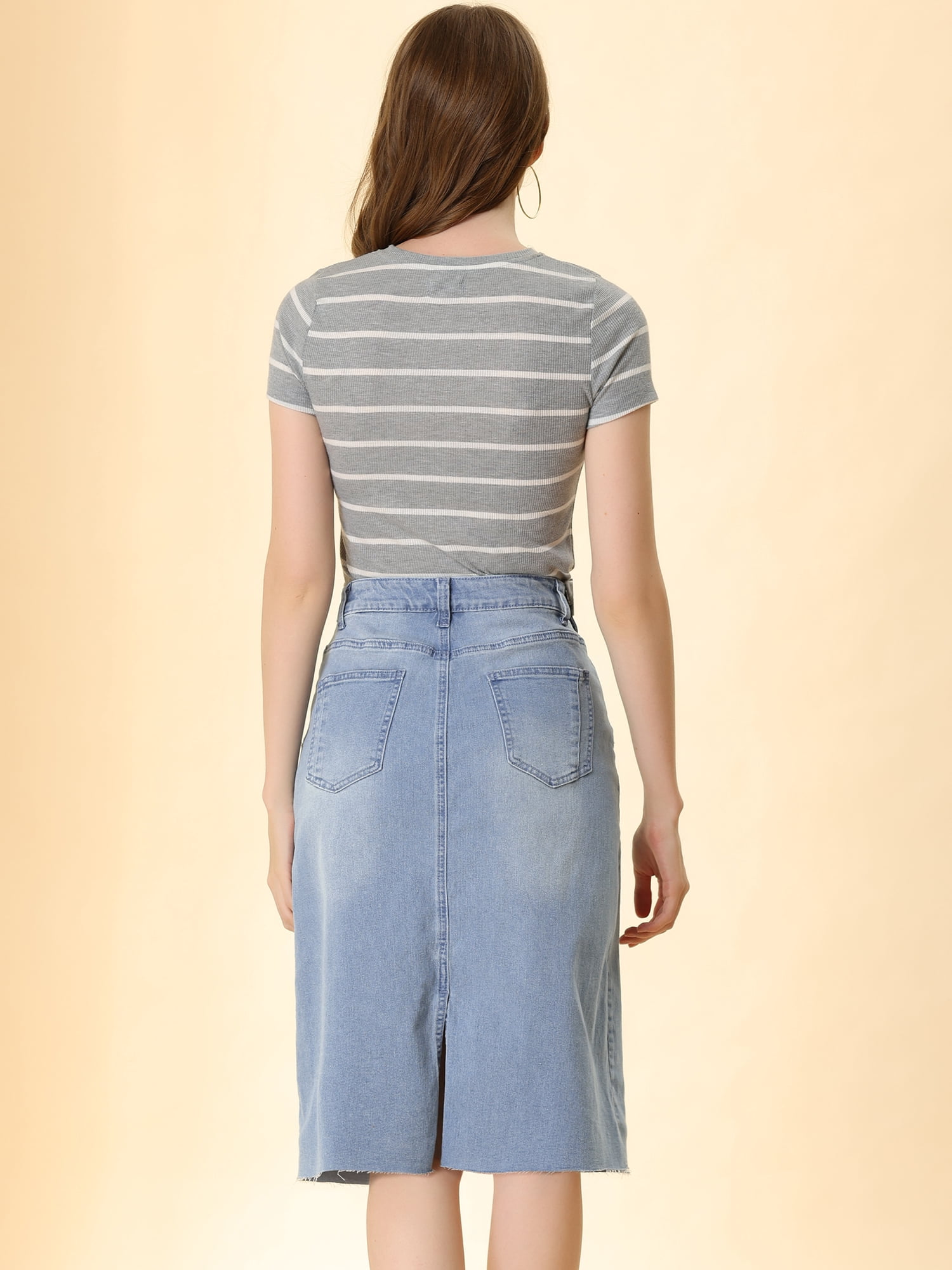 DARING DIVA Women's Jean Back Vent Midi Length Denim Skirts L Light Blue