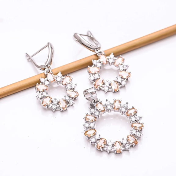 Morganite, Cubic Zirconia 925 Sterling Silver Platinum Plated Pendant Earring Set PS81517, Morganite Pendant Earring Set, Gift For Her, Oval Pendant E