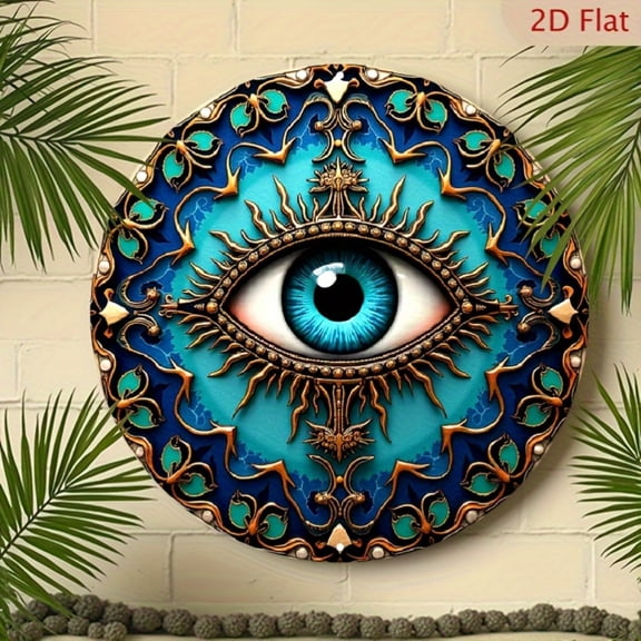 HELLOYOUNG Metal Wall Art Decor, 2D Round 8 Inch Turquoise Blue and Gold Eye Pattern Modern Art, Wall Decor for Living Room Office Home Decor, Round Wall Art