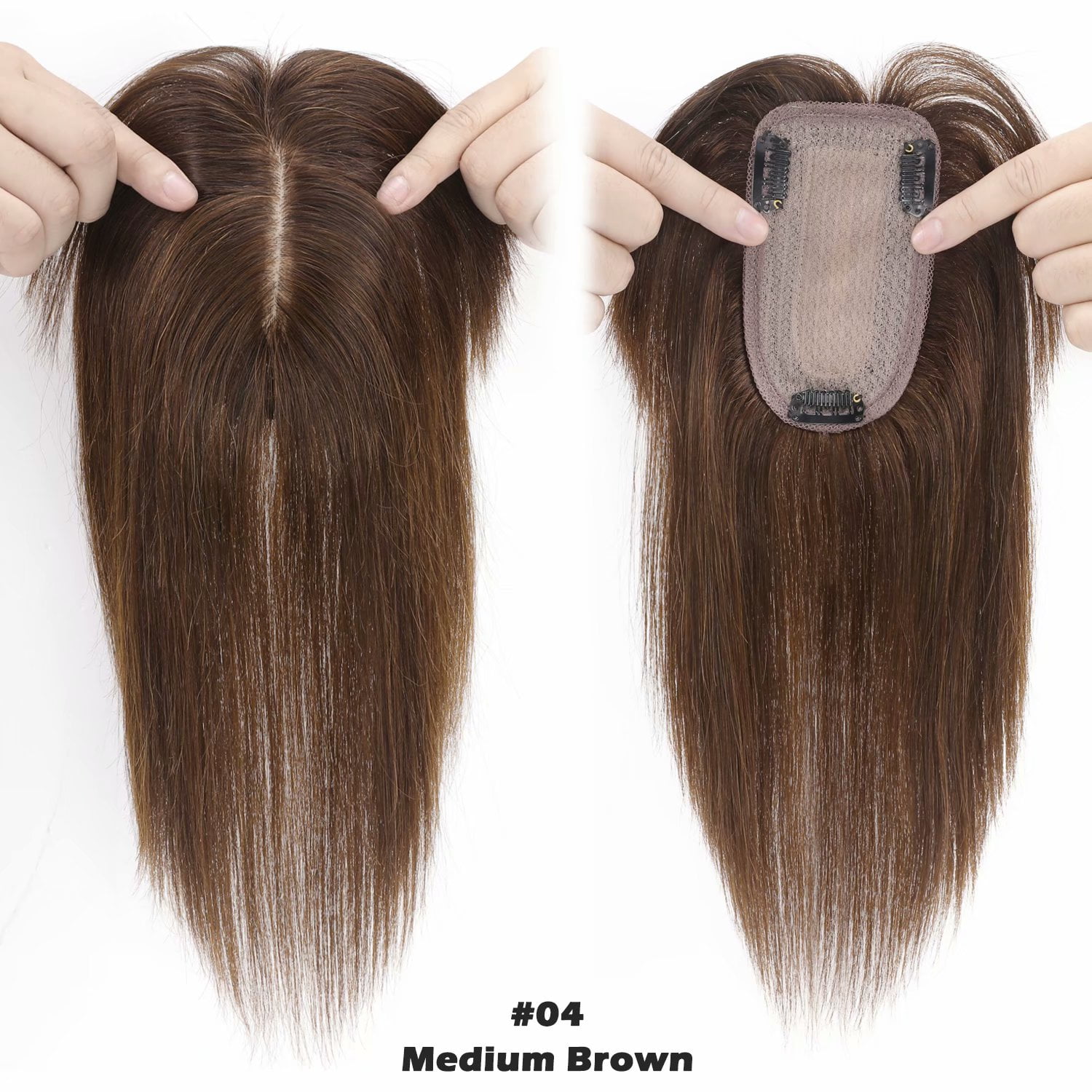 Benehair 100% Real Remy Human Hair Extensions Clip In Hairpiece with Bang Topper Toupee Women Hair Loss Silk Base Seamless 150% Density Brown