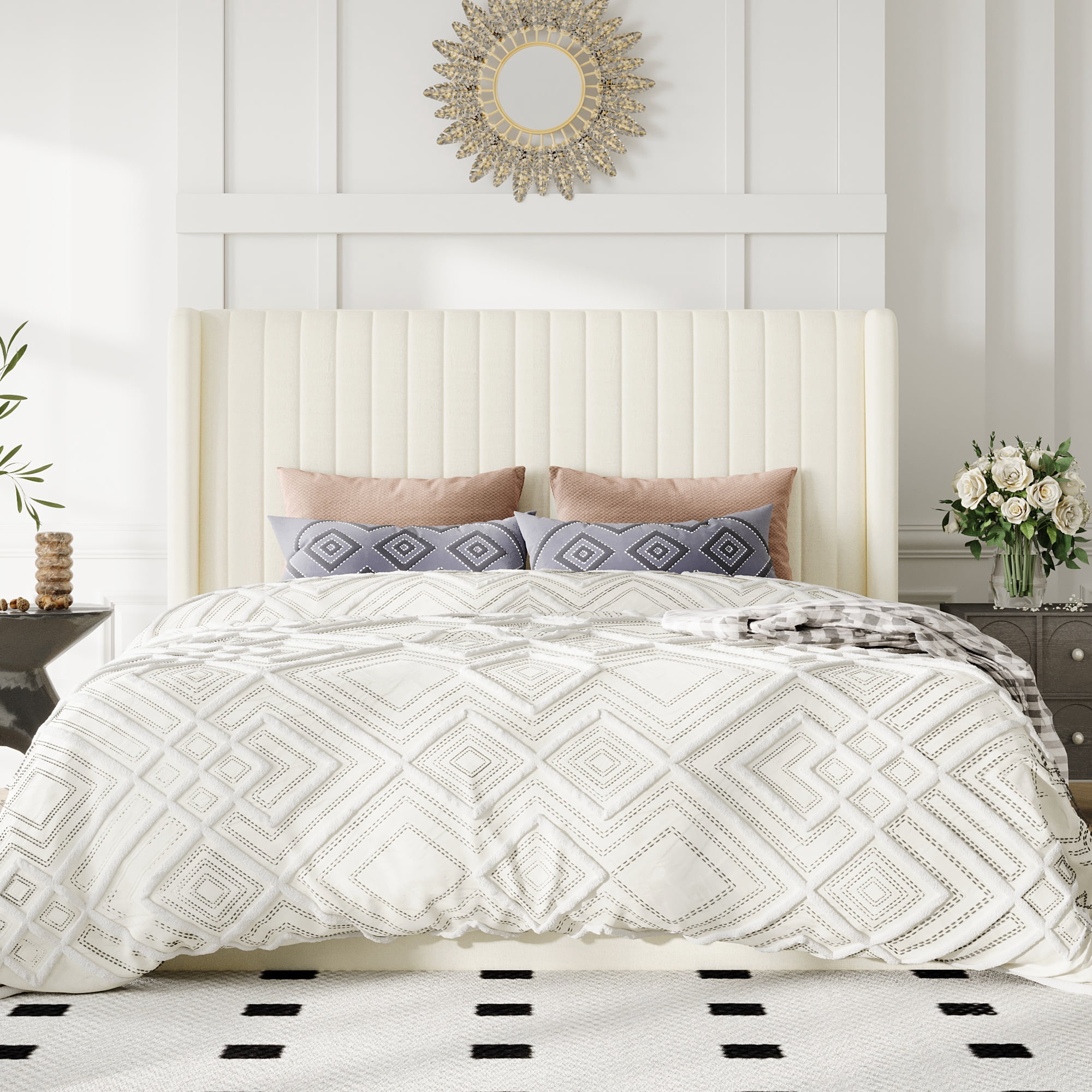 Allewie Queen Size Lift Up Storage Bed Frame, Hydraulic Support System, Upholstered Platform Bed Frame, Vertical Channel Tufted Headboard with Wingback, Cream White
