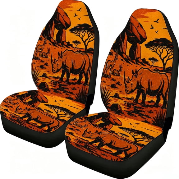 Odenmar Savanna Rhino Sunset Print Car Seat Covers 2 Piece, Mesh Fabric Front Seat Protectors Universal Fit for Cars Suvs Trucks Vans