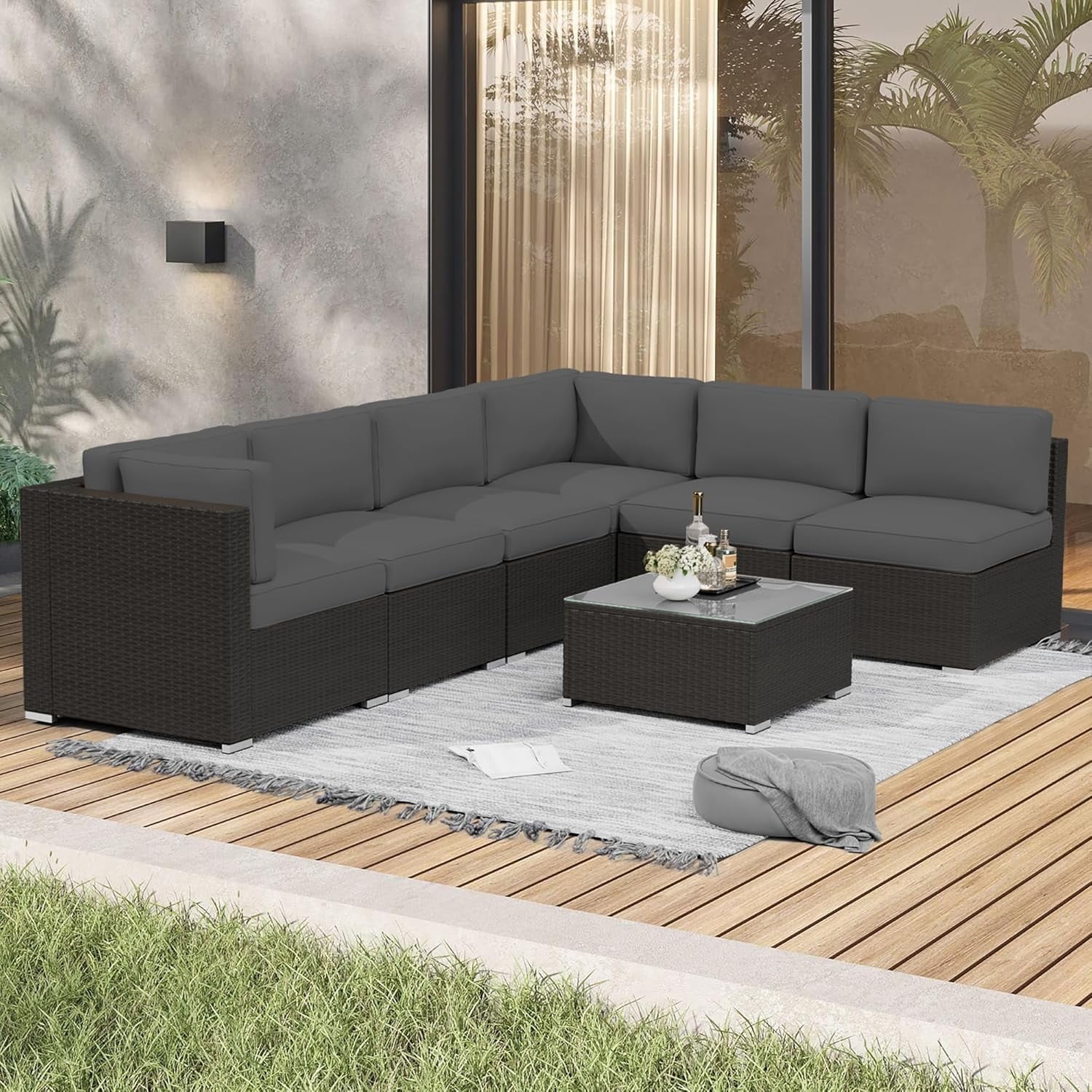 SOLAURA 7-Piece Patio Furniture Outdoor Black Wicker Rattan Sectional Sofa Set Conversation Set with Gray Cushions