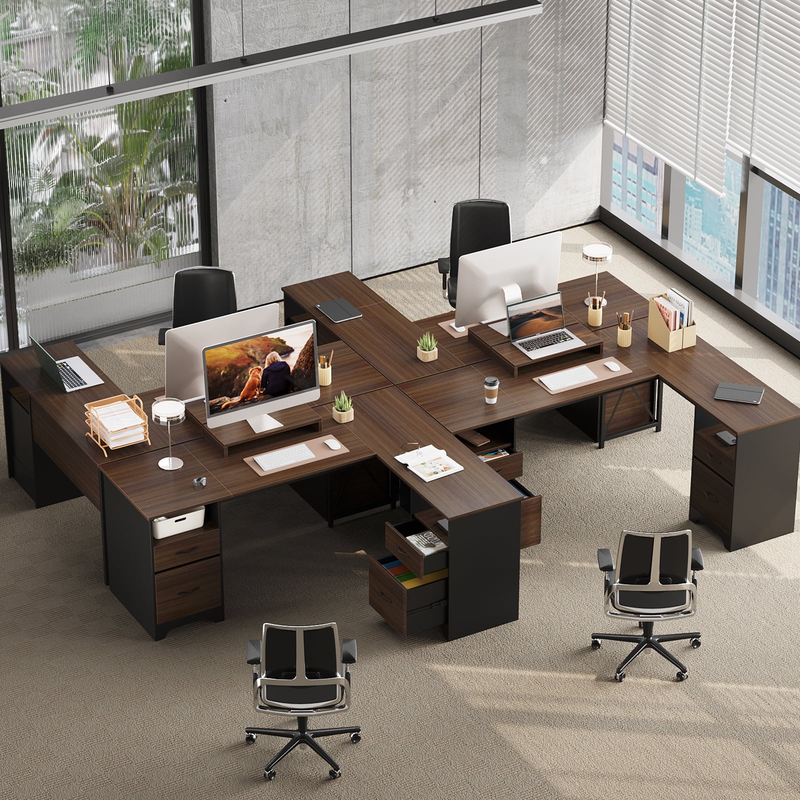 Bestier L Shaped Desk with 4 Drawers, 63" x 47" Executive Office Desk with Monitor Stand, Cherry