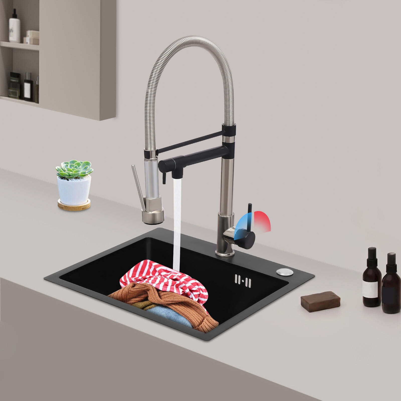 Kitchen Sink Single Handle Stainless Steel Faucet with Pull Down Sprayer(Brushed Black)