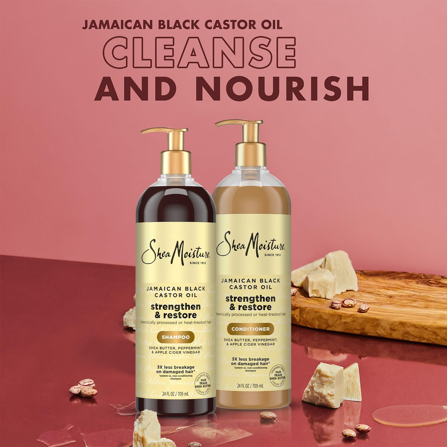 SheaMoisture Jamaican Black Castor Oil Strengthen & Restore Shampoo and Conditioner Set, 24 Oz Ea