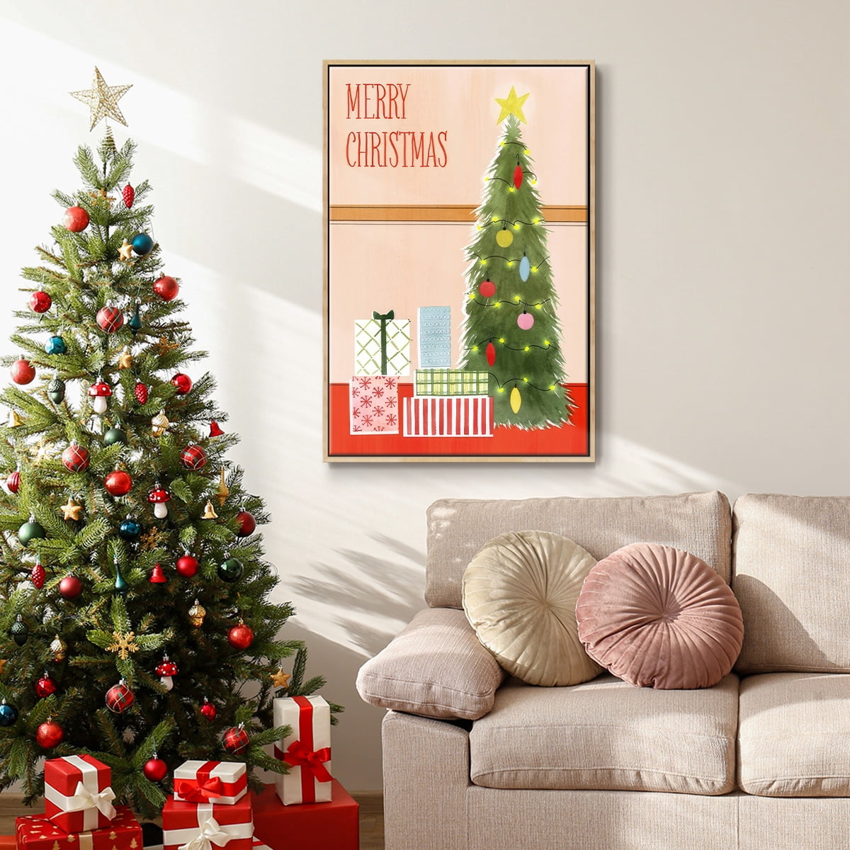 Christmas Stockings Collection B - Framed Gallery Wrapped Holiday Canvas - 27 x 41 - Natural Wood Frame