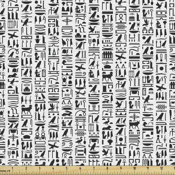 Ambesonne Egyptian Fabric by the Yard Upholstery, Monochrome Hieroglyphs, 3 Yards, Black White