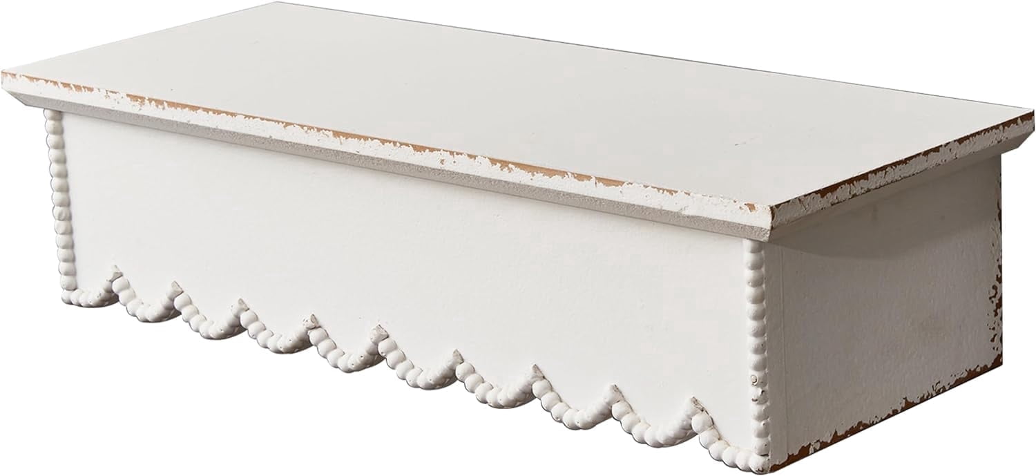 SOFE Rustic Wood Shelves for Wall White - Shelf for Bedroom Bathroom Kitchen Small - Wall Bookshelf Storage Organizer - Plant Collectibles Display Shelving Wall Mounted- Scalloped Shelves
