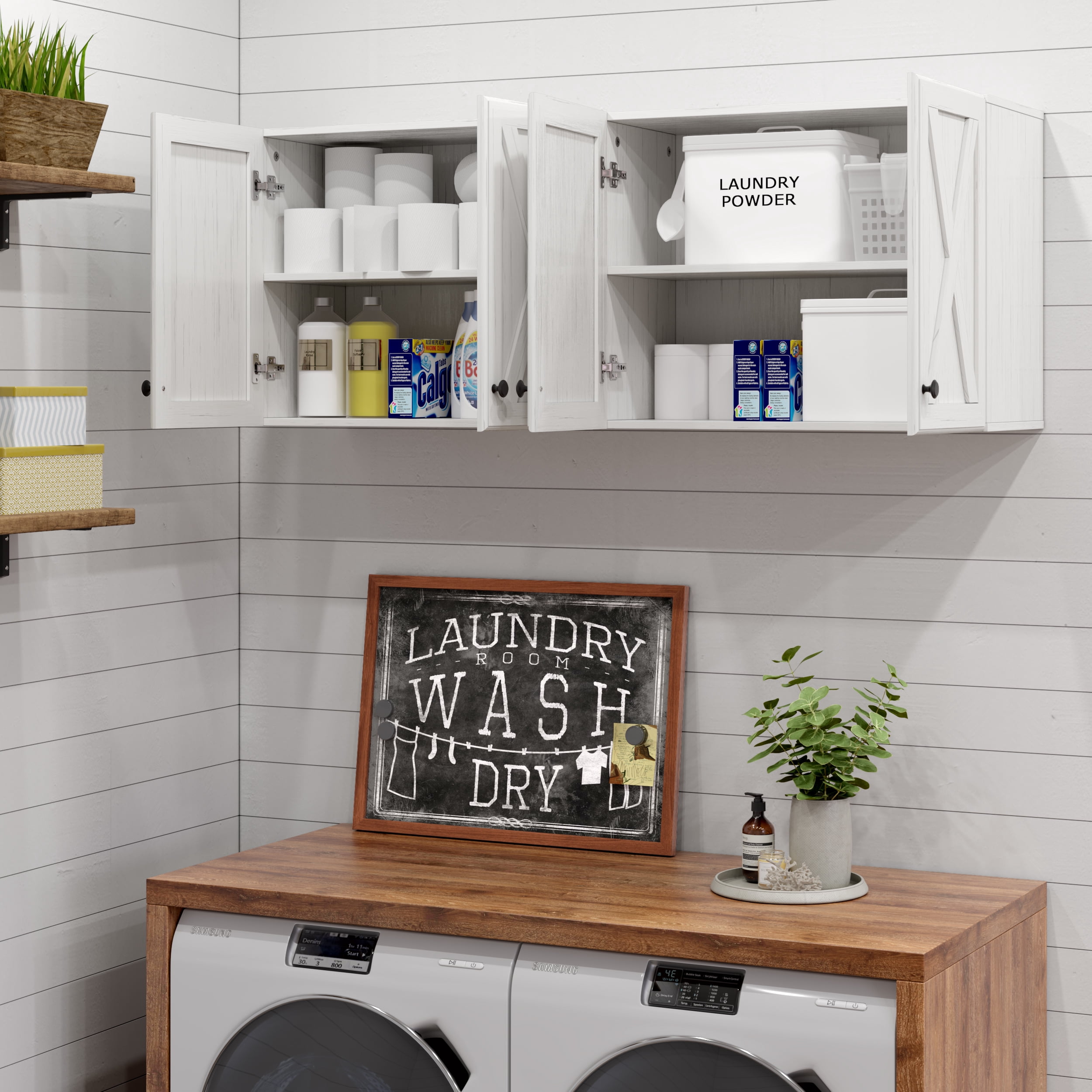 POLIHOME Farmhouse Kitchen Wall Mounted Storage Cabinets with Doors and Shelves, Laundry Room Wall Cabinets Set of 2
