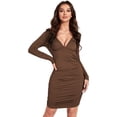 thumbnail image 1 of Vestido corto de manga larga con cuello en V profundo y cintura alta para mujer Marrón café M Marrón café M Xishao ropa, 1 of 2