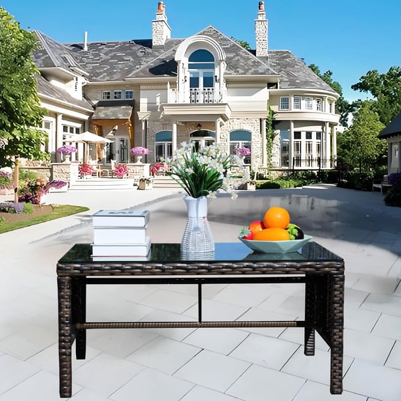 Brown Rattan - Clear Tempered Glass Top - Outdoor Patio - High Weight Capacity