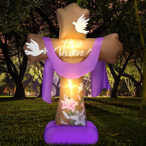 Easter Inflatable Outdoor Yard Decoration Blow up Inflatable He is Risen Cross Set with Built-in LED Lights Decor for Spring Party Lawn