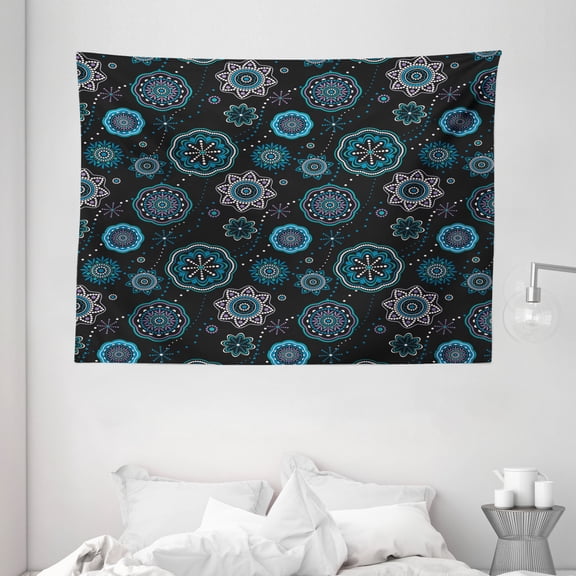 Dark Blue Tapestry, Decorative Snowflakes Ethnic Kaleidoscopic Asian Mandala Lace Like Circle Fashion, Wall Hanging for Bedroom Living Room Dorm Decor, 80W X 60L Inches, Multicolor, by Ambesonne