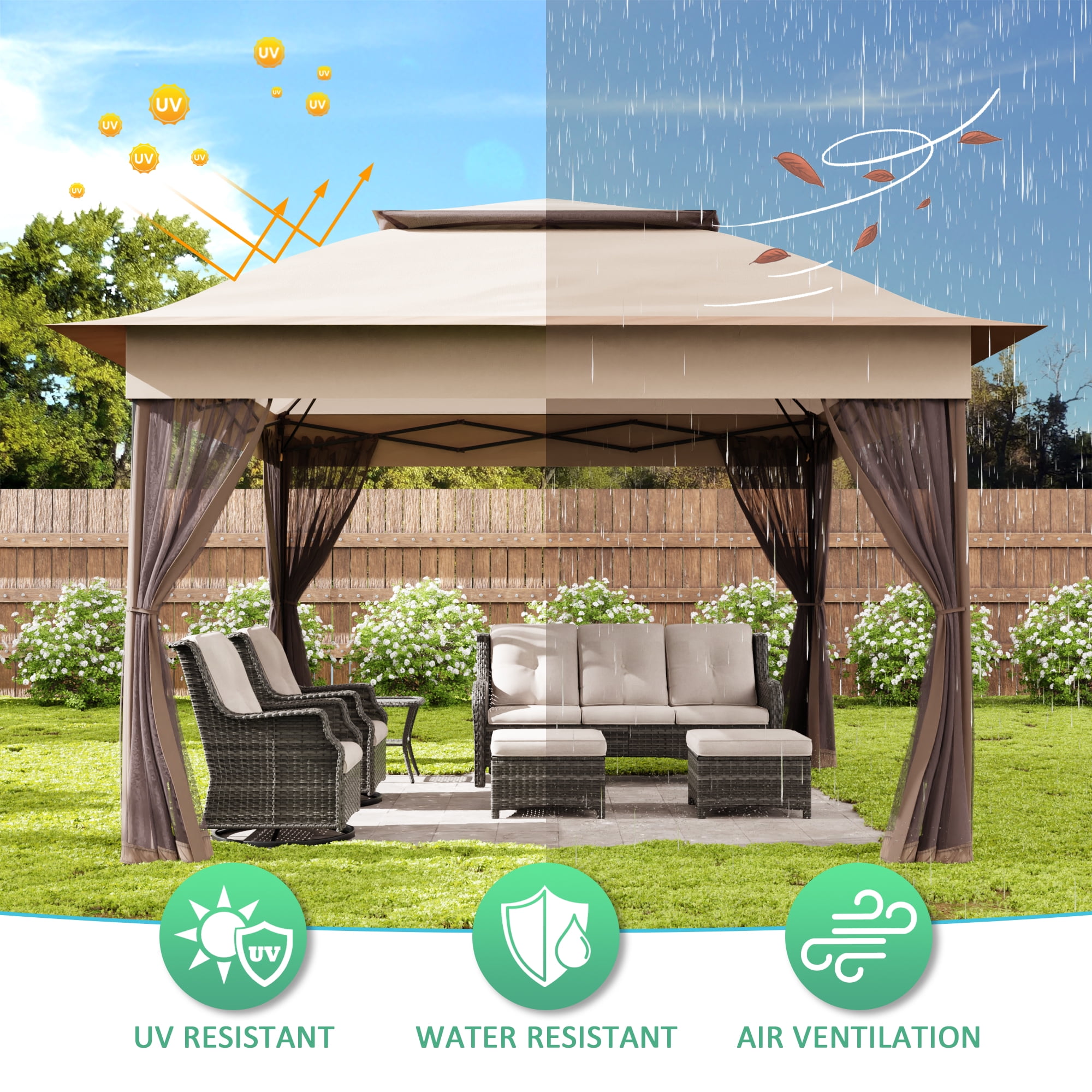 Meetleisure 11'x11' Pop Up Gazebo for Patios, Outdoor Canopy Tent with Sidewalls, Mosquito Netting, Pop Up Shelter for Wedding Party, Beige
