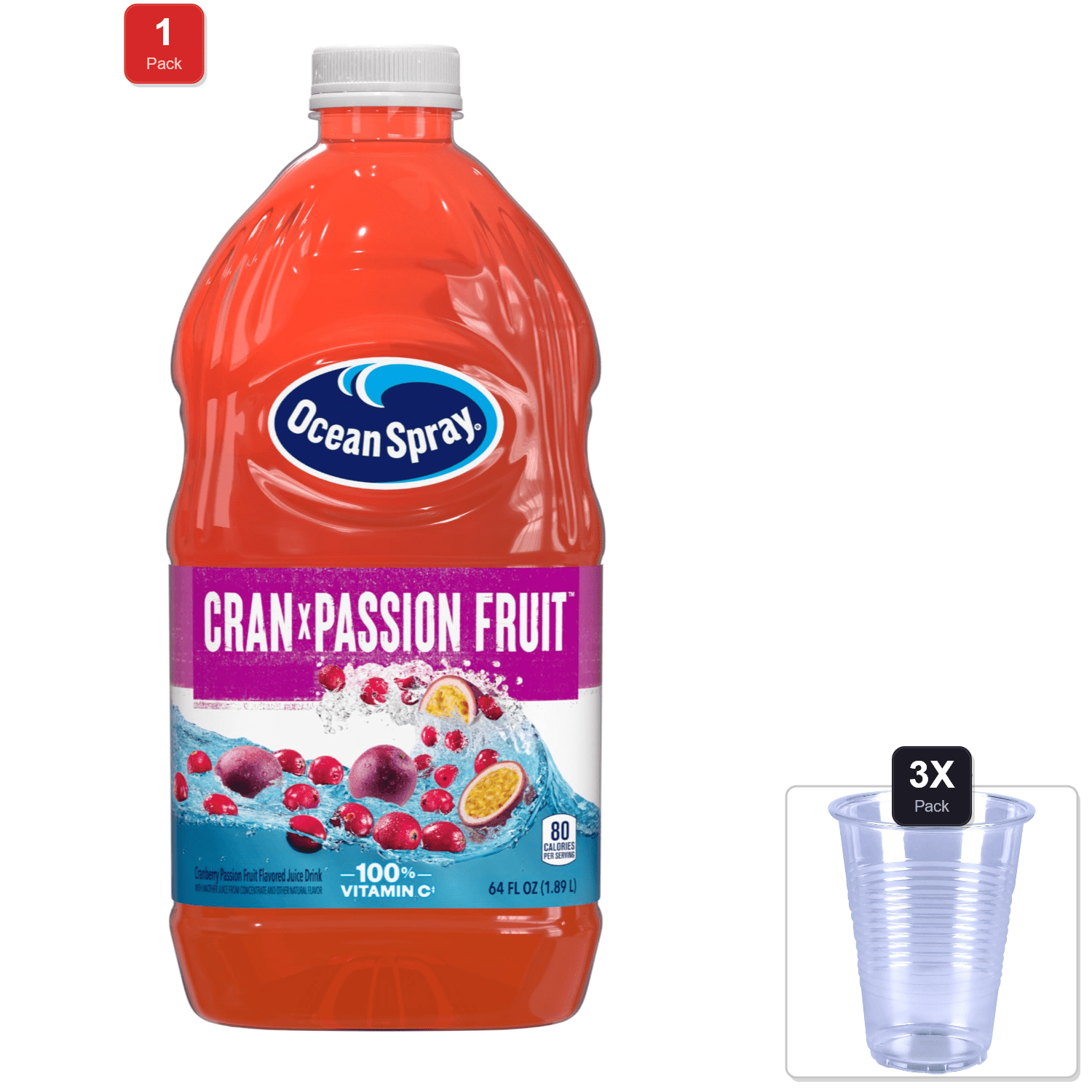 1 Pack | Ocean Spray Cran X Passionfruit, Cranberry Passionfruit Juice Drink, 64 Fl Oz Bottle & 3x Disposable Cup