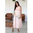thumbnail image 2 of NOVICA Artisan Handmade Embroidered Cotton Sundress Crafted Striped Clothing White Pink Empire Waist Sundresses India ' Horizon in Peach', 2 of 8