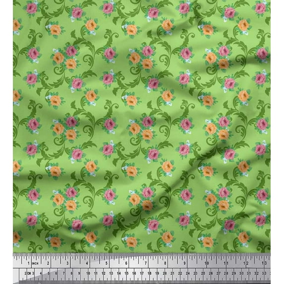 Soimoi Georgette Viscose Fabric Swirl,Leaves & Rose Floral Print Fabric by the Yard 42 Inch Wide