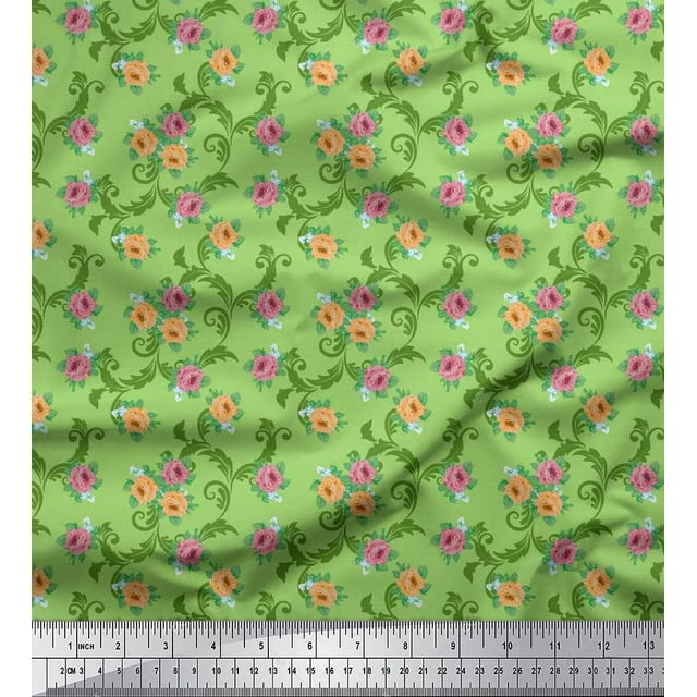 Soimoi Tissu Poly Georgette Tourbillon, Feuilles & Roses Imprimés Floraux au Mètre 42 Pouces de Large