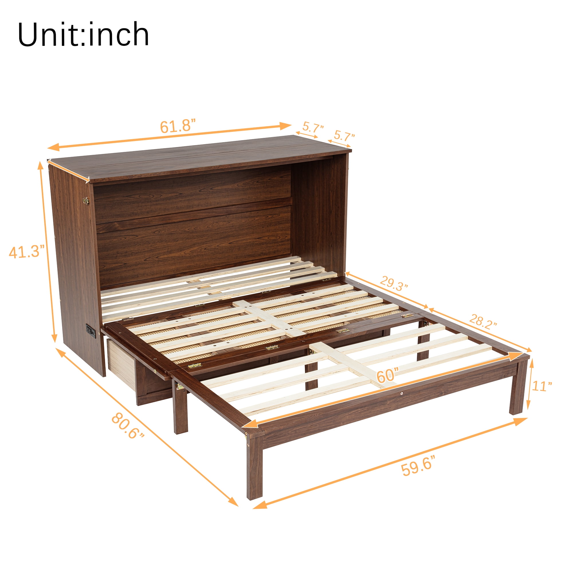 Alvantor Queen Size Murphy Bed with Drawer and Power Stations, Space-Saving Cabinet Bed with Rattan, Walnut