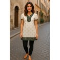 thumbnail image 3 of Women White with Golden Floral Design tunic with Green and gold trim, V-neck, Short Sleeves, Kurti, Kurta Tunic Top., 3 of 5