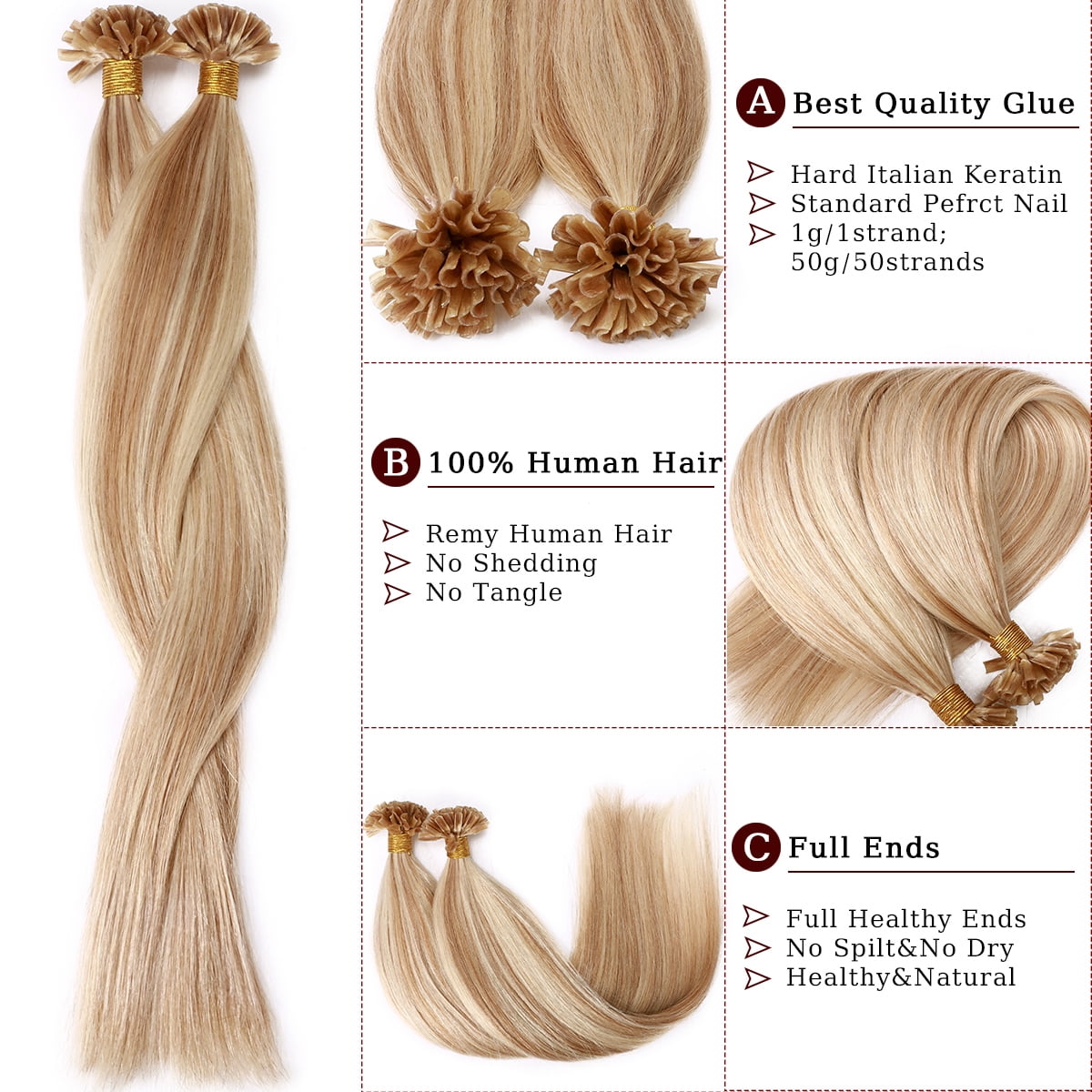 SEGO U Tip Hair Extensions Pre Bonded Fusion Hairpieces 100% Remy Human Hair U-tip Nail Tipped Keratin Glue Stick Microlink Blonde Hair Extension for Women 50 Strands