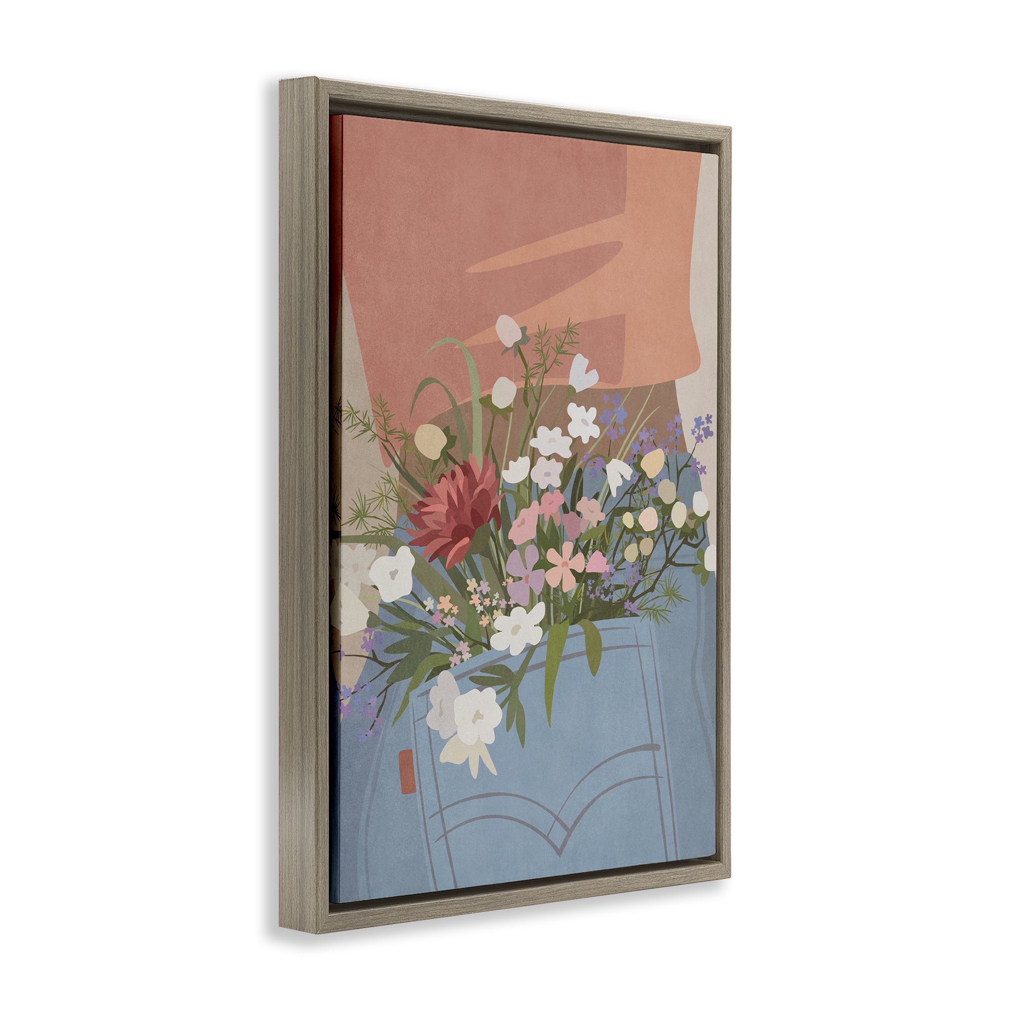 Stupell Industries Flowers in Jeans Pocket Plants & Flowers Painting Brown Floater Framed Canvas Art Print Wall Art, 21 x 31