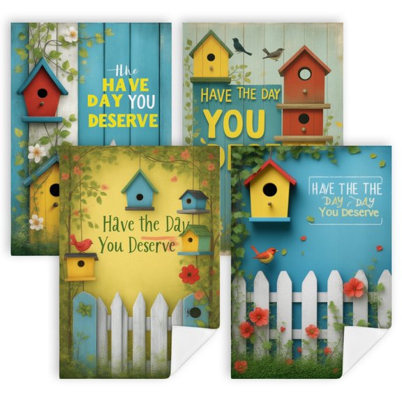 summer bathroom towels A group of colorful birdhouses sitting next to a white picket fence fun kitchen towels 4 Pieces 16" x 24" cottagecore kitchen decor