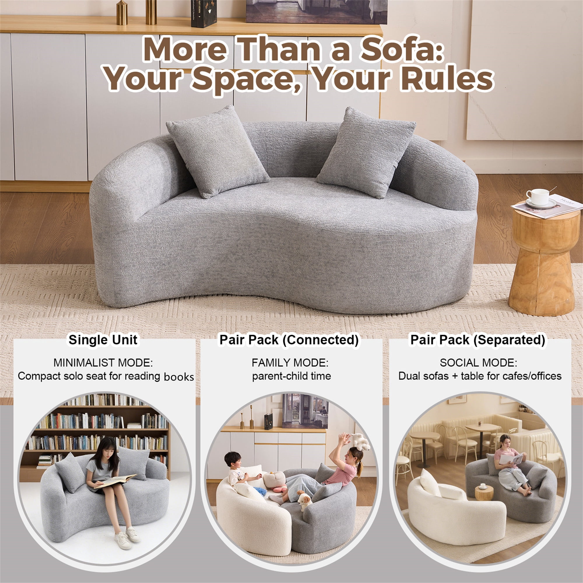 Aukfa 67" Small Sofa S-Curved Loveseat Couch Modular Sofa No Assembly, 2 Pillows, Chenille, Gray