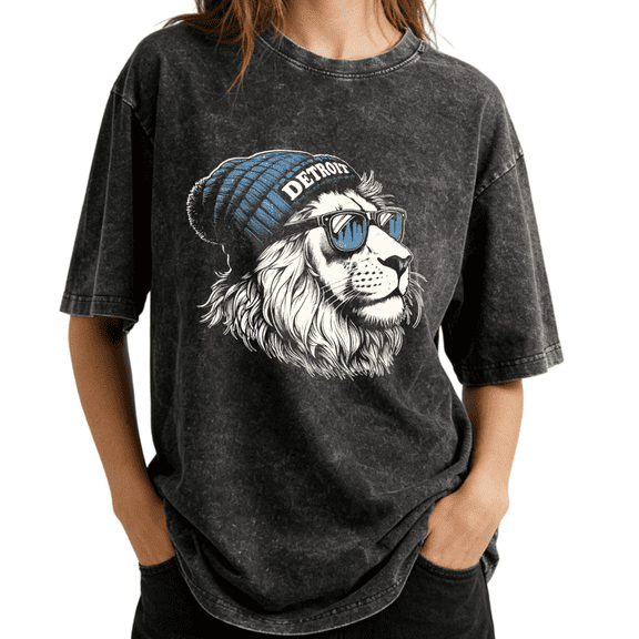 etroit Lion Beanie Sunglasses Art Wash Print T shirt Graphic Tees Shirts Charcoal Oversized S-2XL Casual Tops
